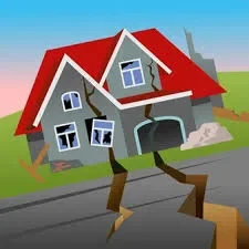Damaged house with cracked foundation illustration.